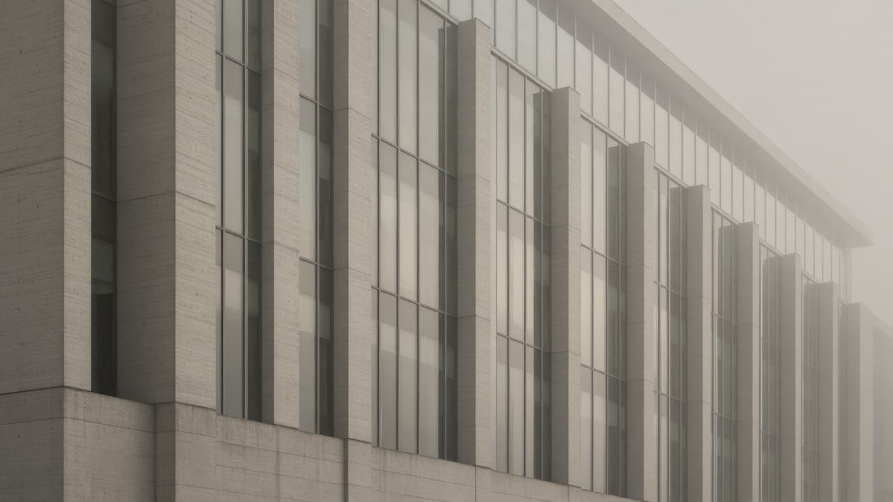 Concrete and glass facade, in the fog